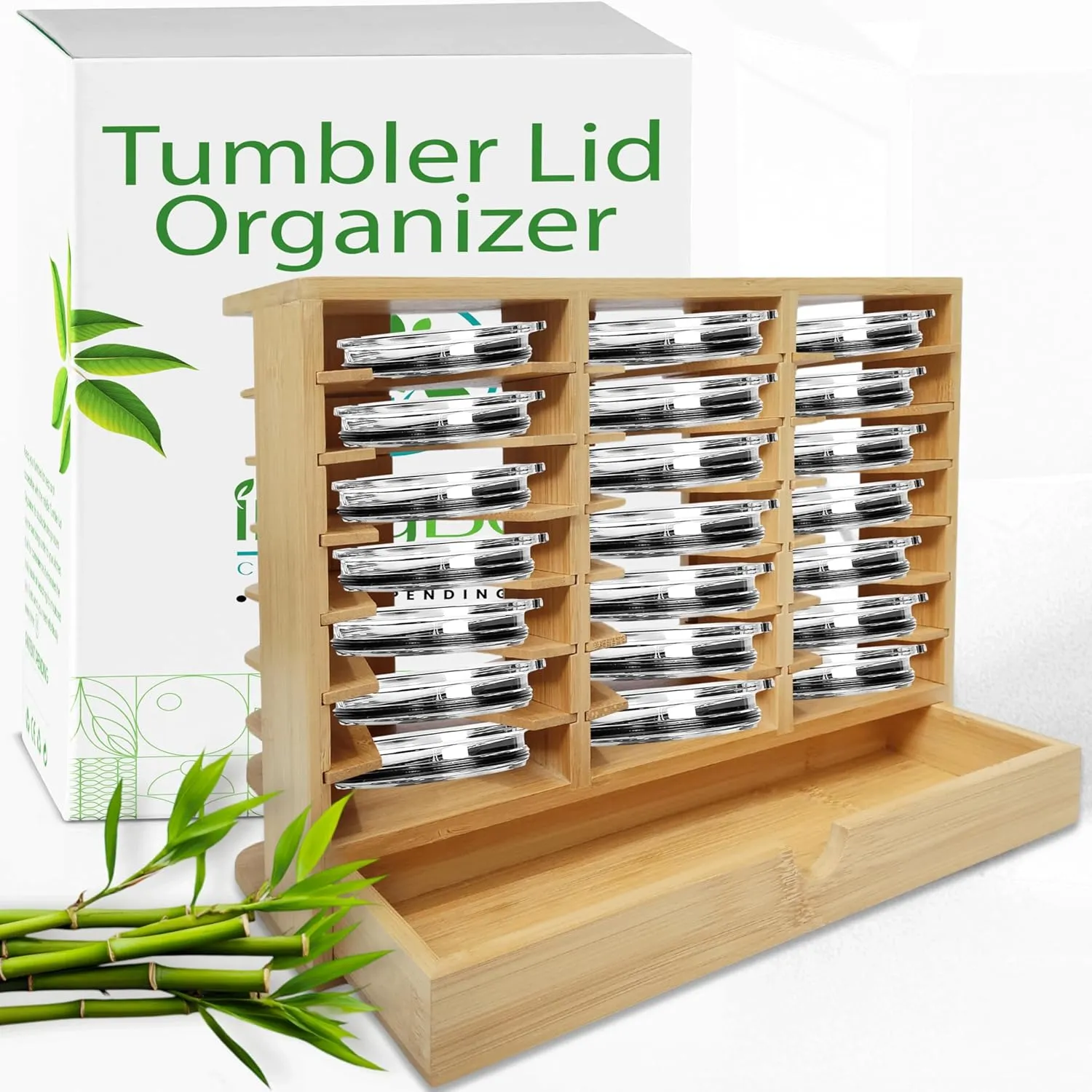 Bamboo Tumbler Lid Organizer – Space Saving Multi-Tier Storage Rack with Straw Holder and Gasket Drawer – Vertical Cup Lid Organizer for Cabinet, Kitchen Countertop - Triple