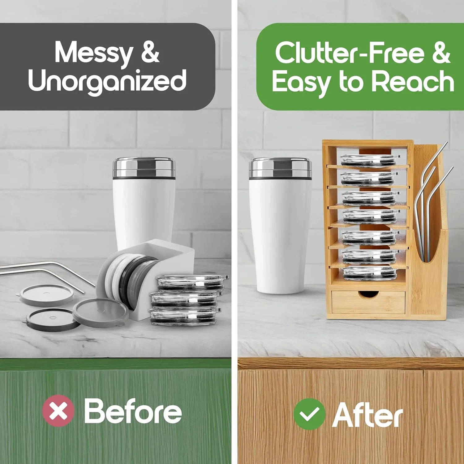 Bamboo Tumbler Lid Organizer – Space Saving Multi-Tier Storage Rack with Straw Holder and Gasket Drawer – Vertical Cup Lid Organizer for Cabinet, Kitchen Countertop - Triple