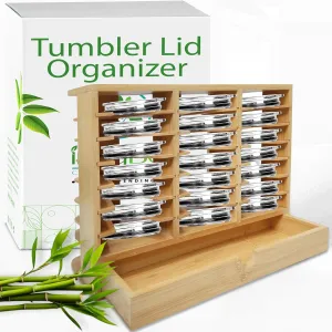 Bamboo Tumbler Lid Organizer – Space Saving Multi-Tier Storage Rack with Straw Holder and Gasket Drawer – Vertical Cup Lid Organizer for Cabinet, Kitchen Countertop - Triple
