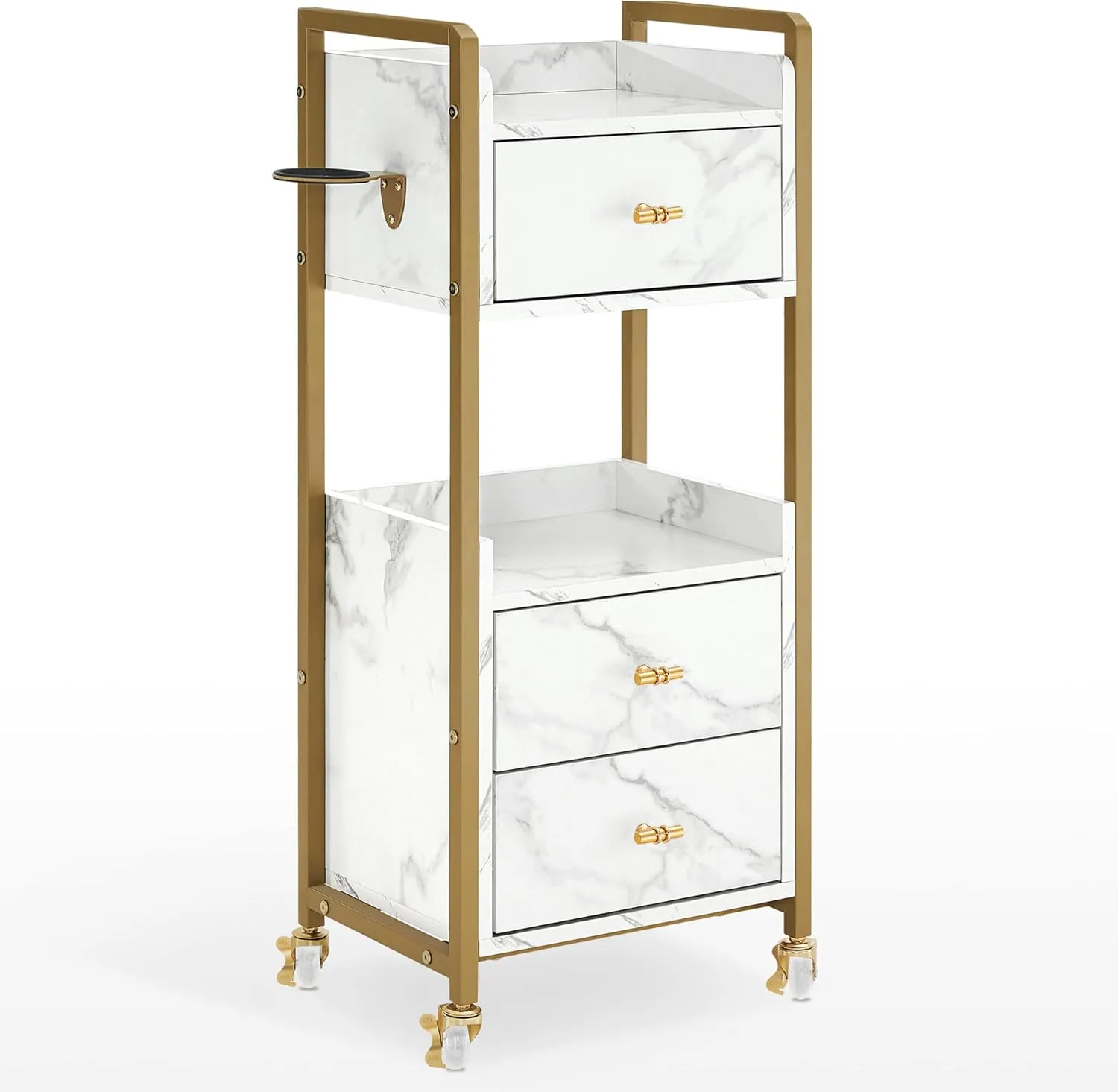 BarberPub Salon Cart with Lockable Wheels, Acetone Resistant Storage Barber Trolley with 1 Hair Dryer Holder & Drawers, Rolling Tattoo Cart, Makeup Organizer Beauty Equipment 2478 (White)