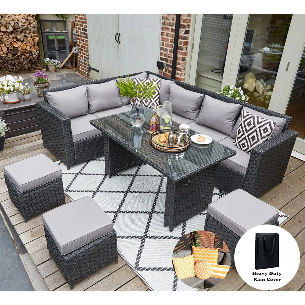 Barcelona 9 Seater Rattan Garden Furniture Dining Set In Black