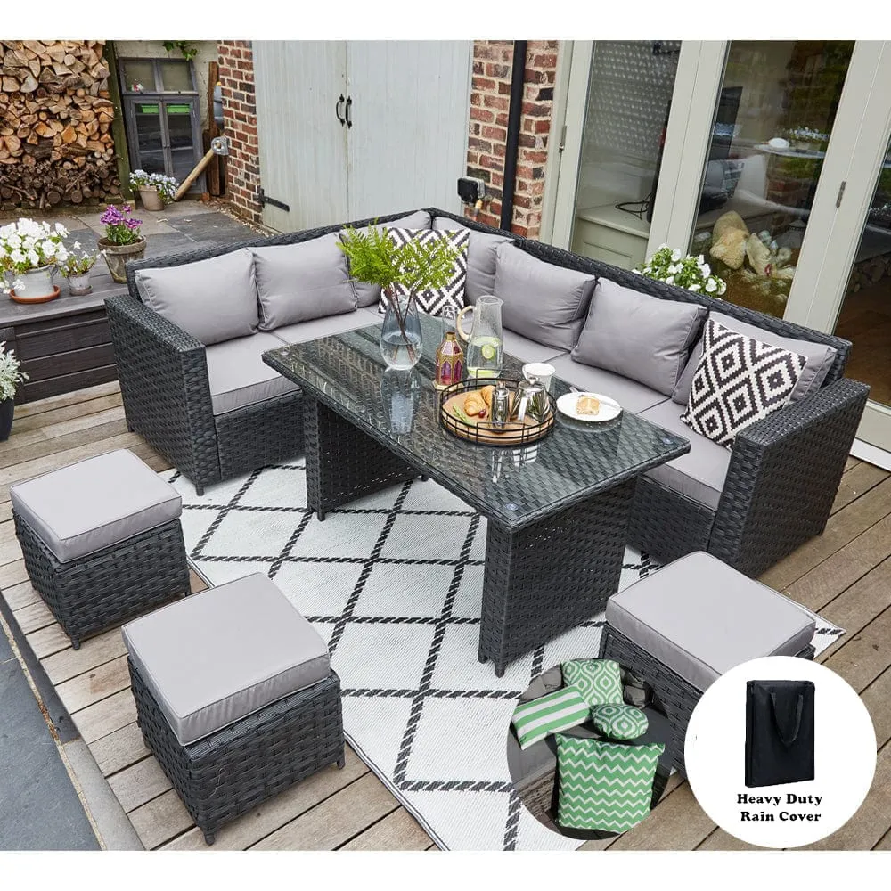 Barcelona 9 Seater Rattan Garden Furniture Dining Set In Black