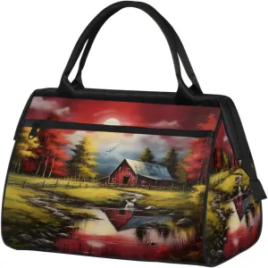 Barn Farmhouse Painting Travel Duffle Bag, Waterproof Duffel Bag Weekender Overnight Carry On Bag Lightweight Sport Gym Bag for Men Women