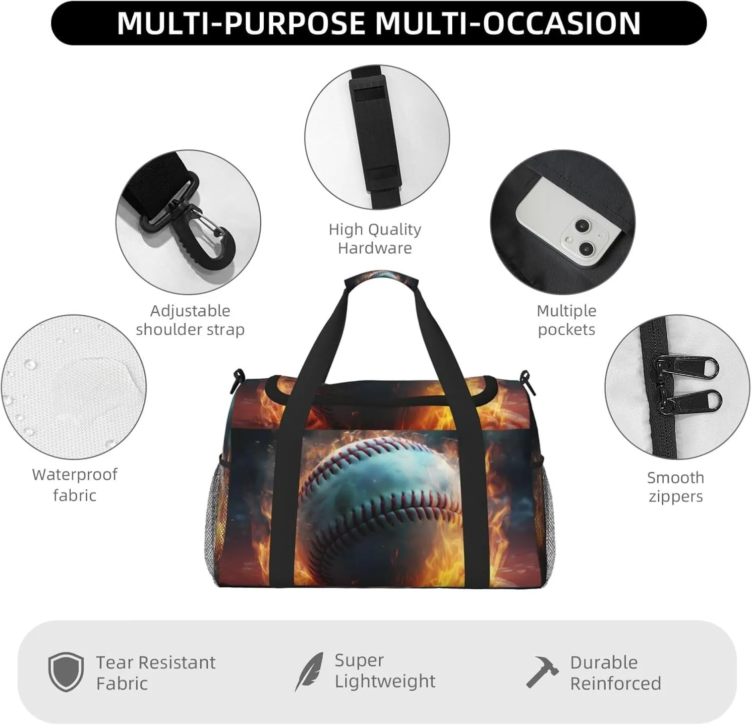 Baseball on Fire Big Capacity Sports Gym Bag Portable Travel Duffle Bag, Retro Lightweight Weekender Workout Bag for Overnight, Unisex