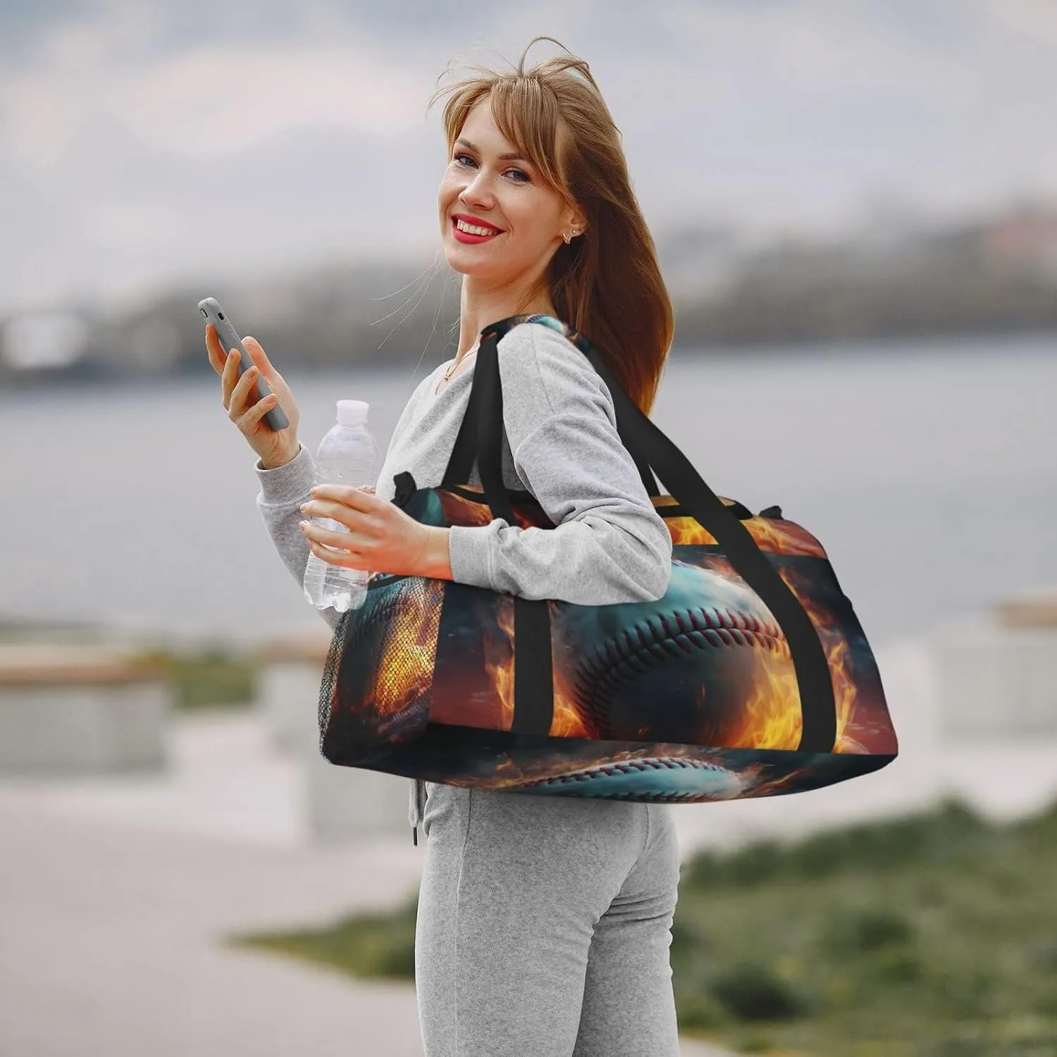 Baseball on Fire Big Capacity Sports Gym Bag Portable Travel Duffle Bag, Retro Lightweight Weekender Workout Bag for Overnight, Unisex