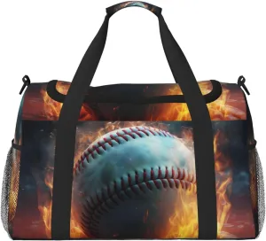 Baseball on Fire Big Capacity Sports Gym Bag Portable Travel Duffle Bag, Retro Lightweight Weekender Workout Bag for Overnight, Unisex