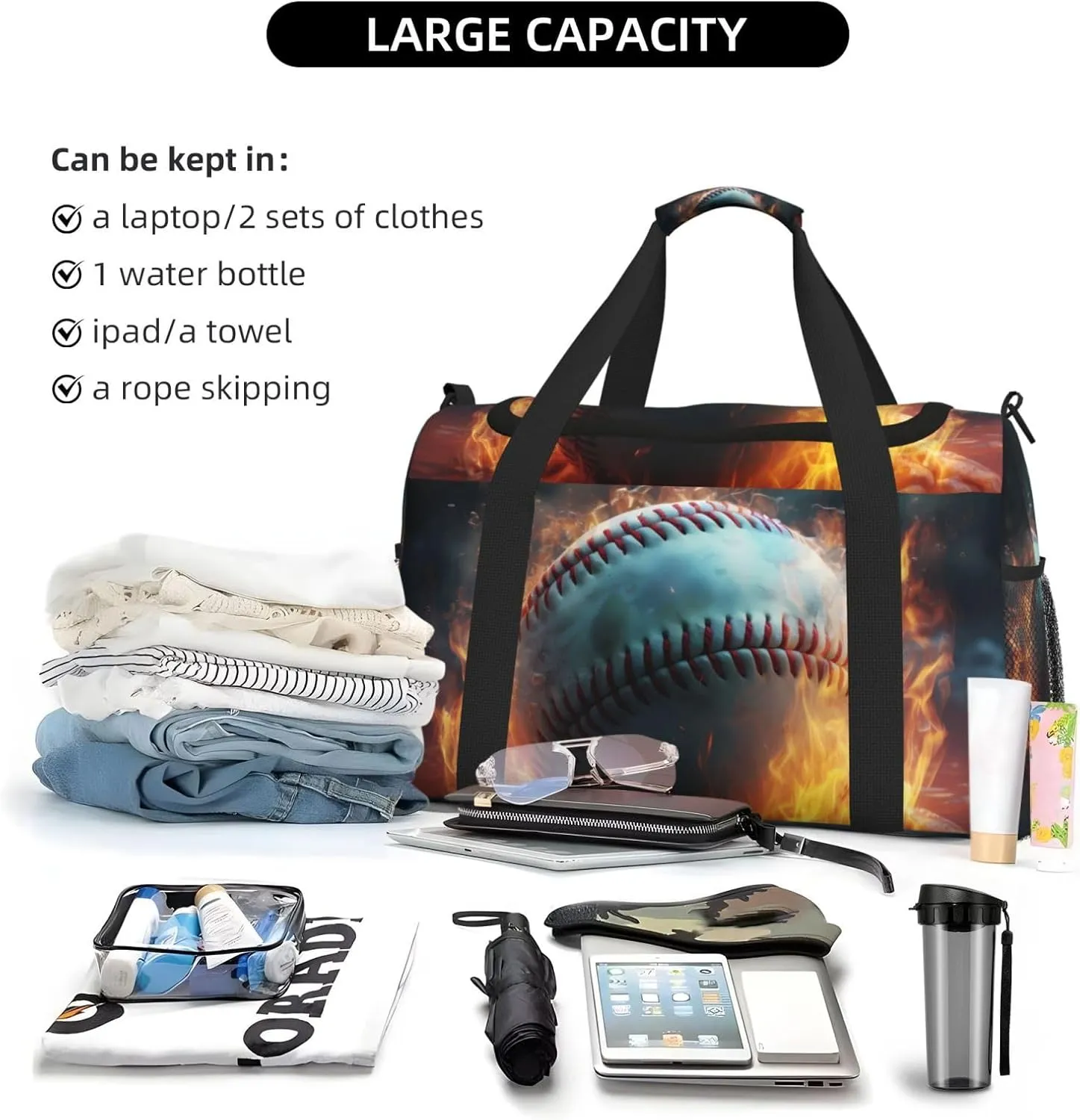 Baseball on Fire Big Capacity Sports Gym Bag Portable Travel Duffle Bag, Retro Lightweight Weekender Workout Bag for Overnight, Unisex