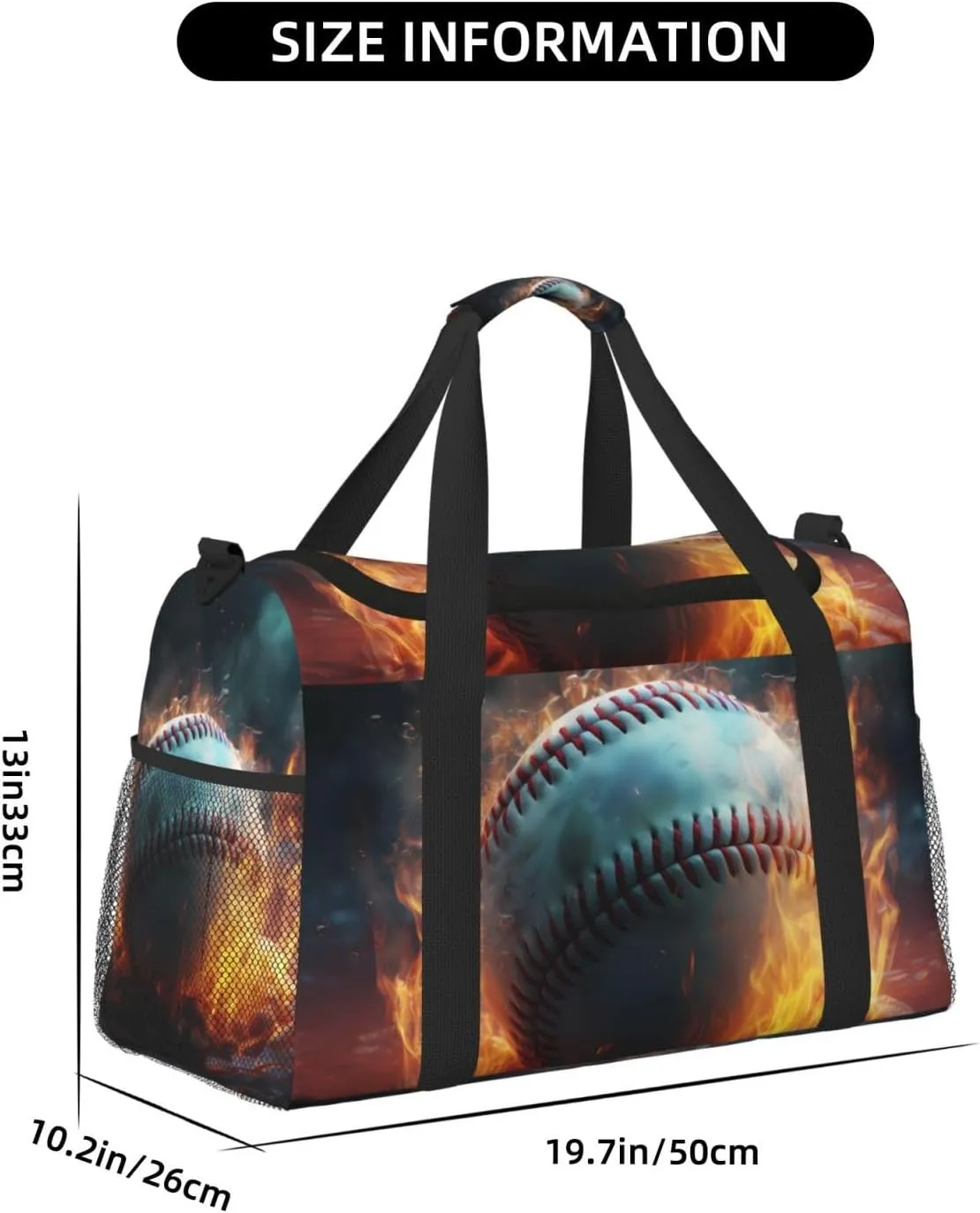 Baseball on Fire Big Capacity Sports Gym Bag Portable Travel Duffle Bag, Retro Lightweight Weekender Workout Bag for Overnight, Unisex