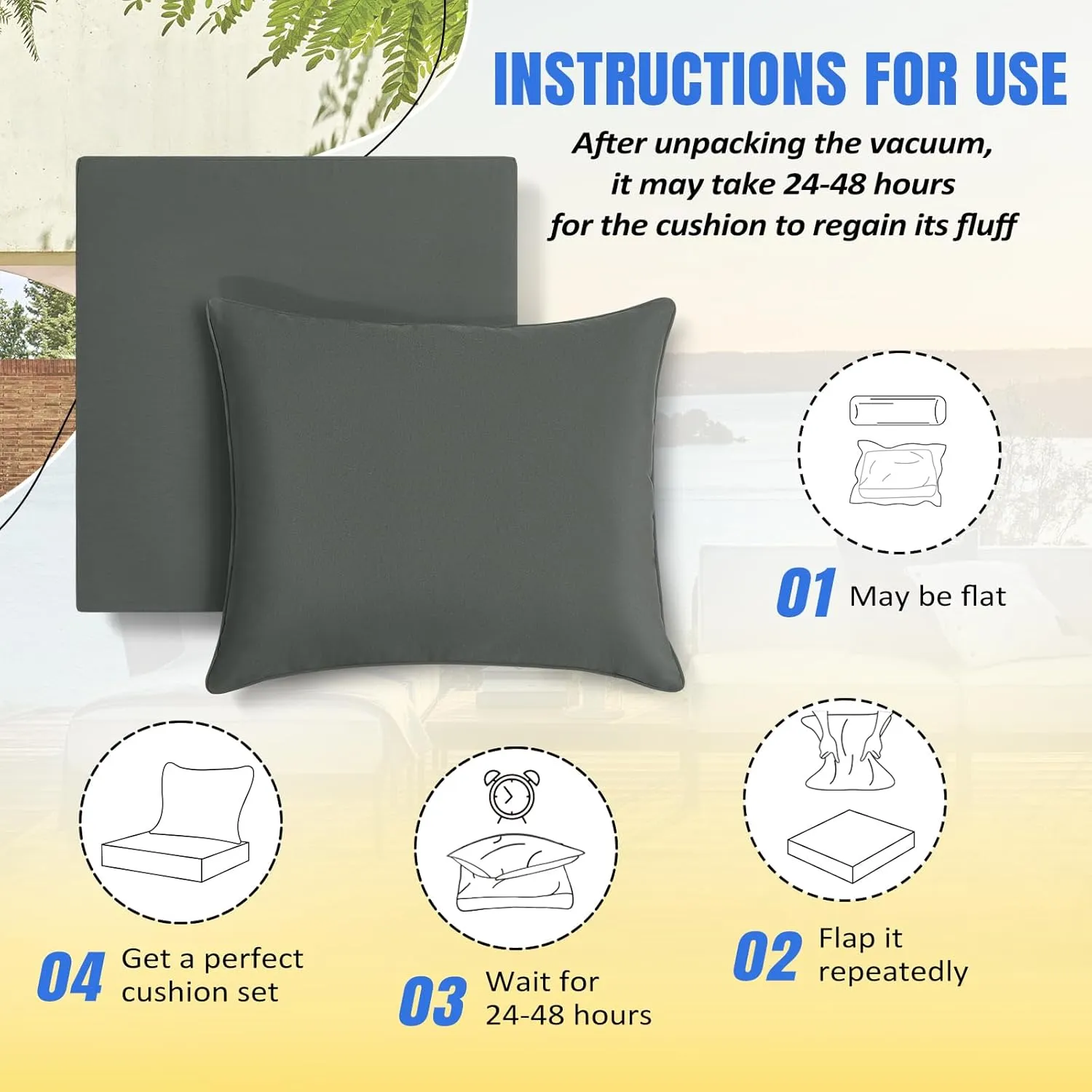 Basic Beyond Deep Seat Patio Cushions, 24x24 Outdoor Chair Cushions for Patio Furniture with Removable Cover, Patio Furniture Cushions with Ties and Handle, Grey