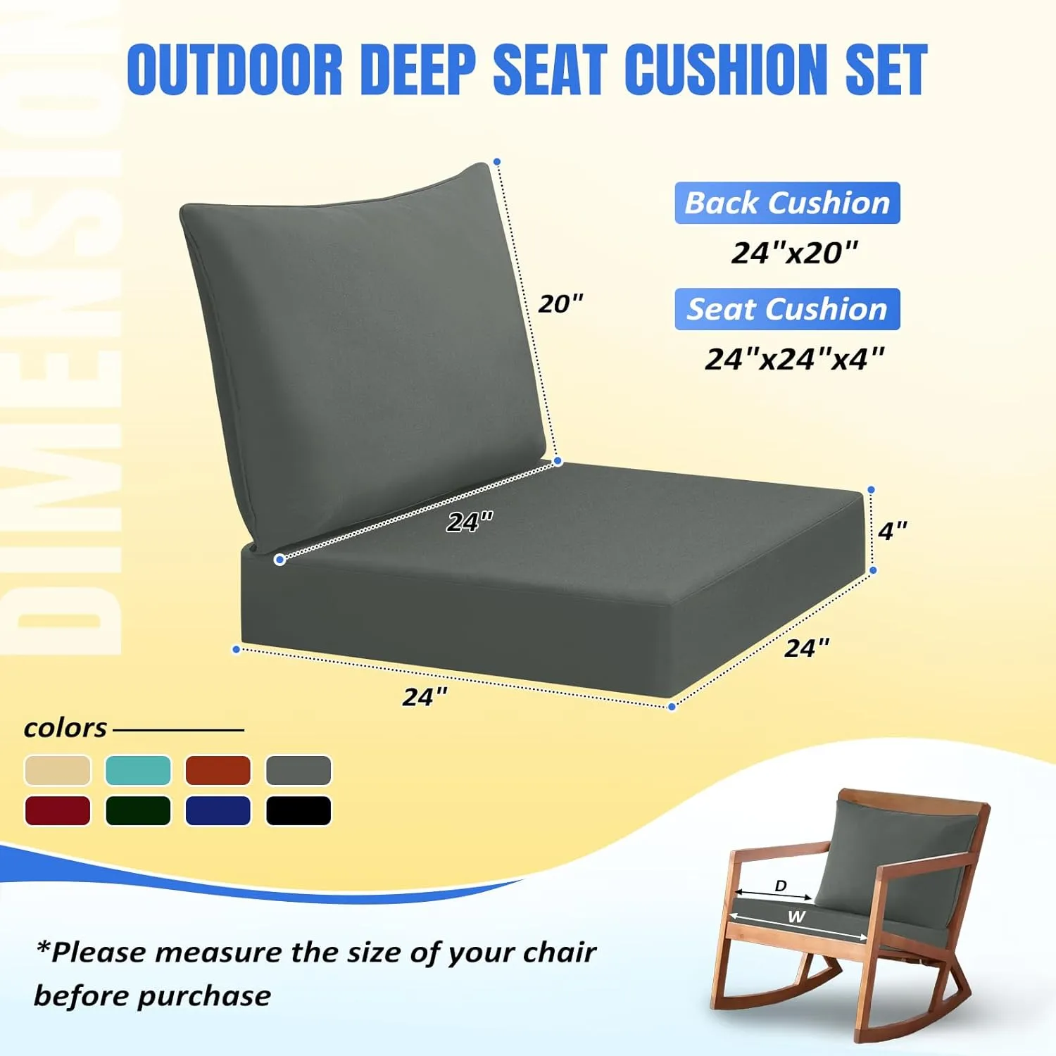 Basic Beyond Deep Seat Patio Cushions, 24x24 Outdoor Chair Cushions for Patio Furniture with Removable Cover, Patio Furniture Cushions with Ties and Handle, Grey