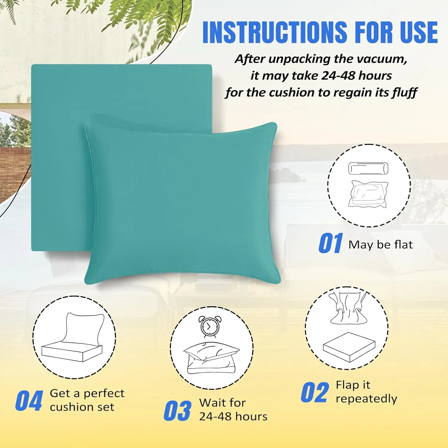 Basic Beyond Deep Seat Patio Cushions, 24x24 Outdoor Chair Cushions for Patio Furniture with Removable Cover, Patio Furniture Cushions with Ties and Handle, Teal