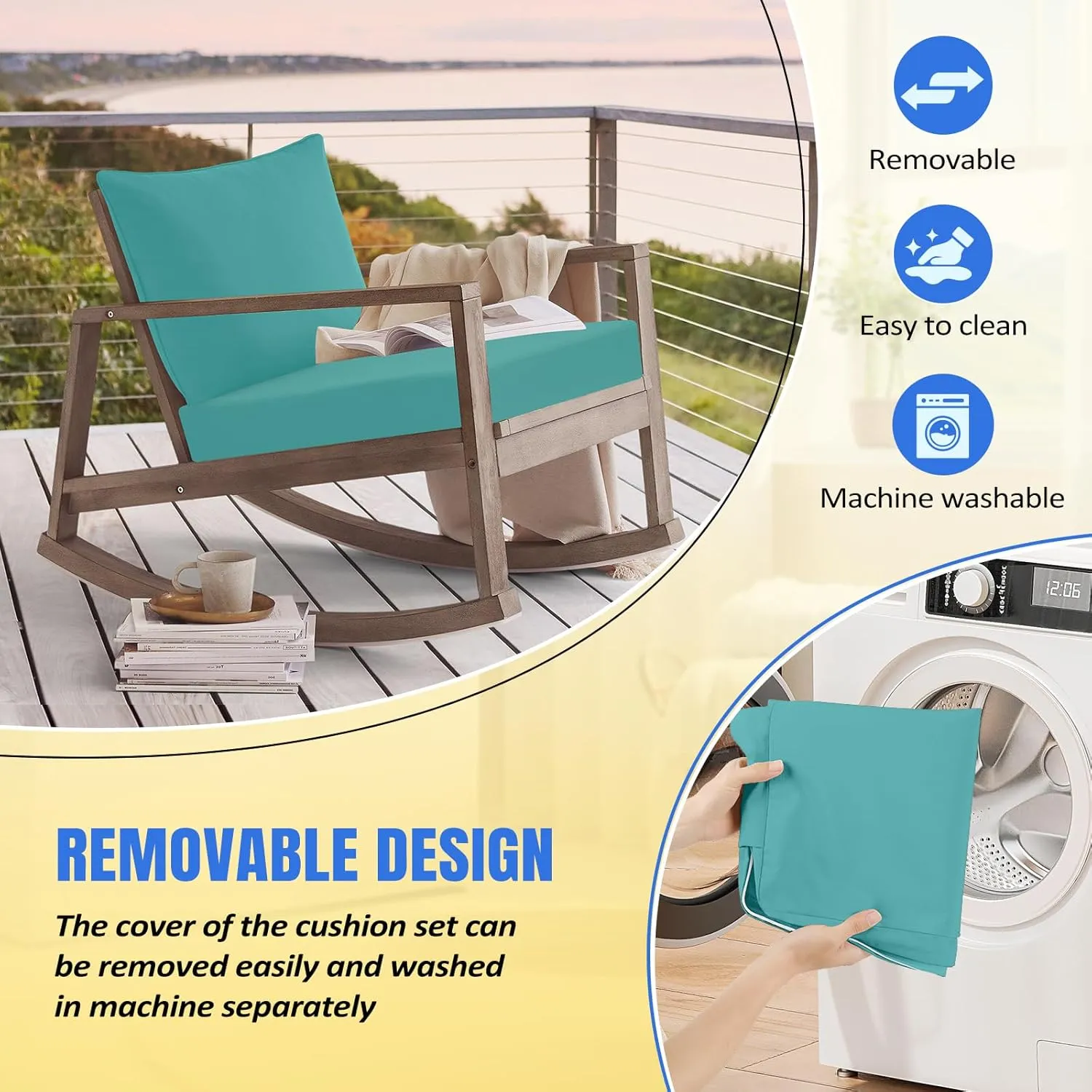 Basic Beyond Deep Seat Patio Cushions, 24x24 Outdoor Chair Cushions for Patio Furniture with Removable Cover, Patio Furniture Cushions with Ties and Handle, Teal