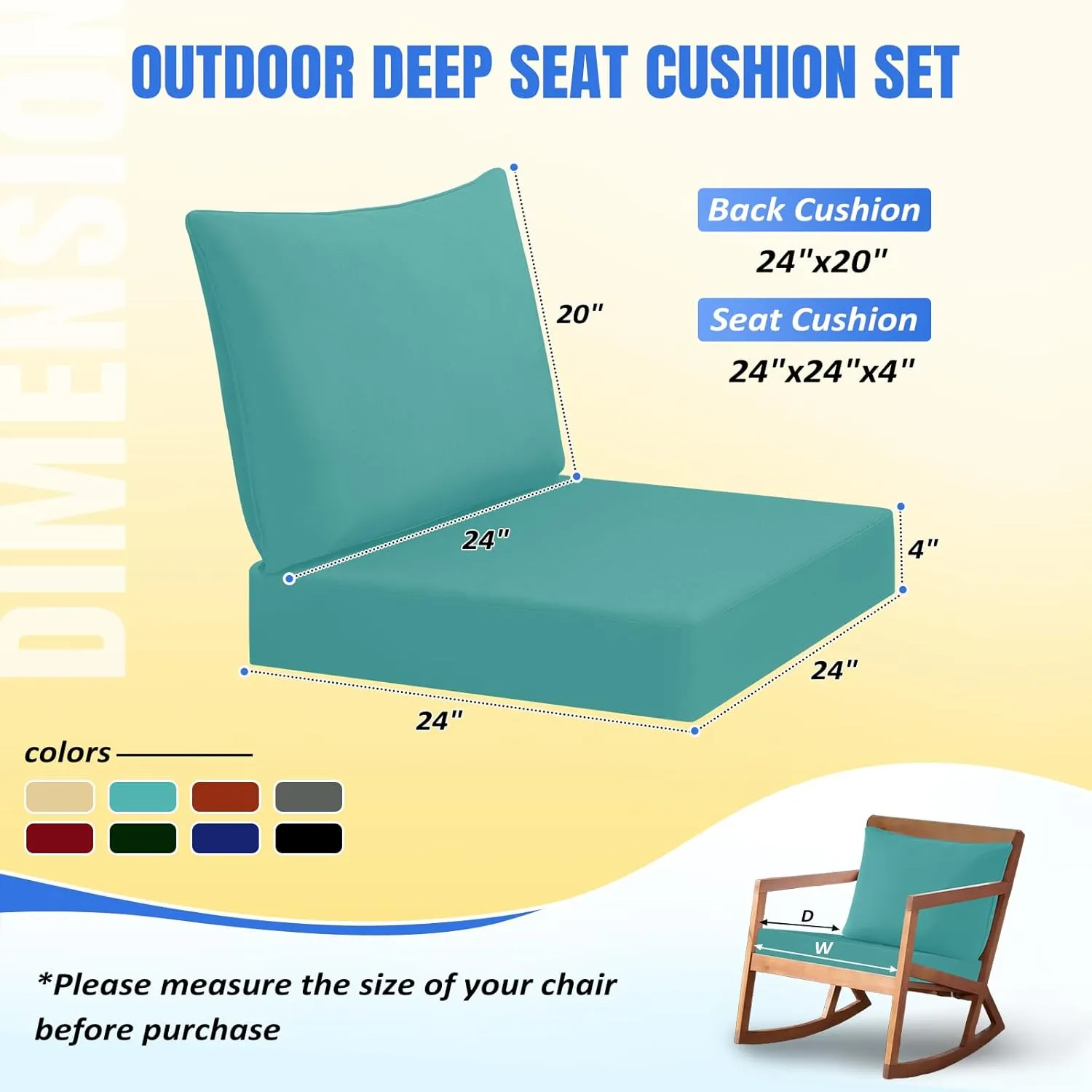 Basic Beyond Deep Seat Patio Cushions, 24x24 Outdoor Chair Cushions for Patio Furniture with Removable Cover, Patio Furniture Cushions with Ties and Handle, Teal