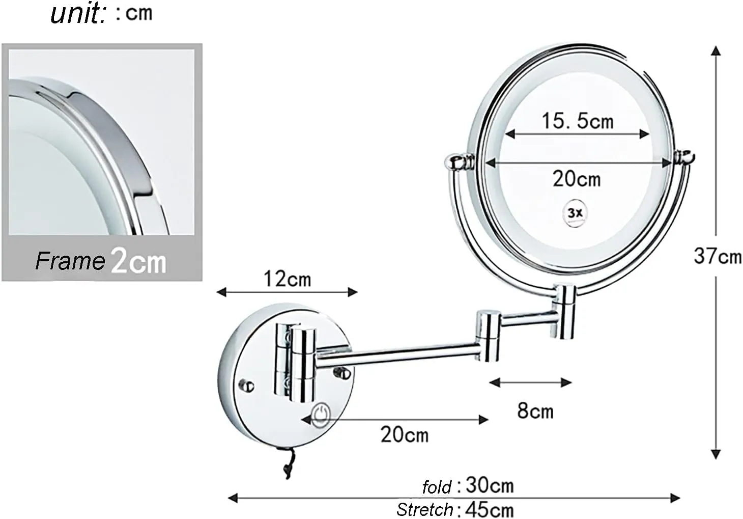 Bathroom Leading Mirror, 8 inch 3 Times amplifying Mirror, Wall Mounted Makeup Mirror, Folding Mirror, Double-Sided Folding 360 Degree Rotation Expandable Wall Mirror(Dumb Black)