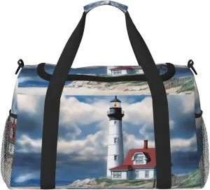 Beach Lighthouse Big Capacity Sports Gym Bag Portable Travel Duffle Bag, Watercolor Sky Cloud Lightweight Weekender Workout Bag for Overnight, Unisex