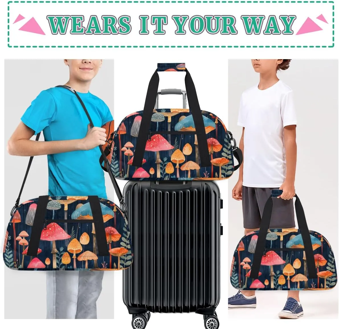 Beautiful Mushroom Print Boys Girls Gym Bag Dance Perform Training Duffel Bags Weekender Carry-On Tote Luggage Bag Ideal for School Practice or Overnight Trips Mushroom Print
