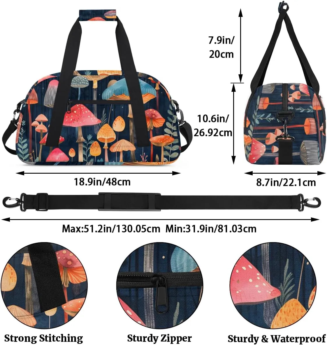 Beautiful Mushroom Print Boys Girls Gym Bag Dance Perform Training Duffel Bags Weekender Carry-On Tote Luggage Bag Ideal for School Practice or Overnight Trips Mushroom Print