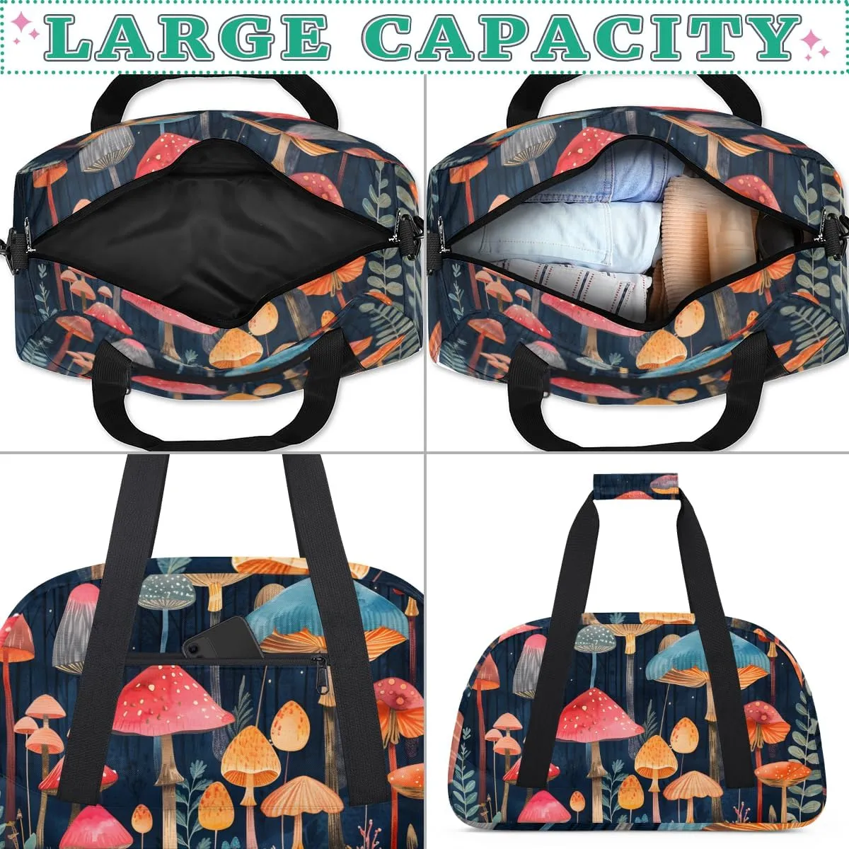 Beautiful Mushroom Print Boys Girls Gym Bag Dance Perform Training Duffel Bags Weekender Carry-On Tote Luggage Bag Ideal for School Practice or Overnight Trips Mushroom Print