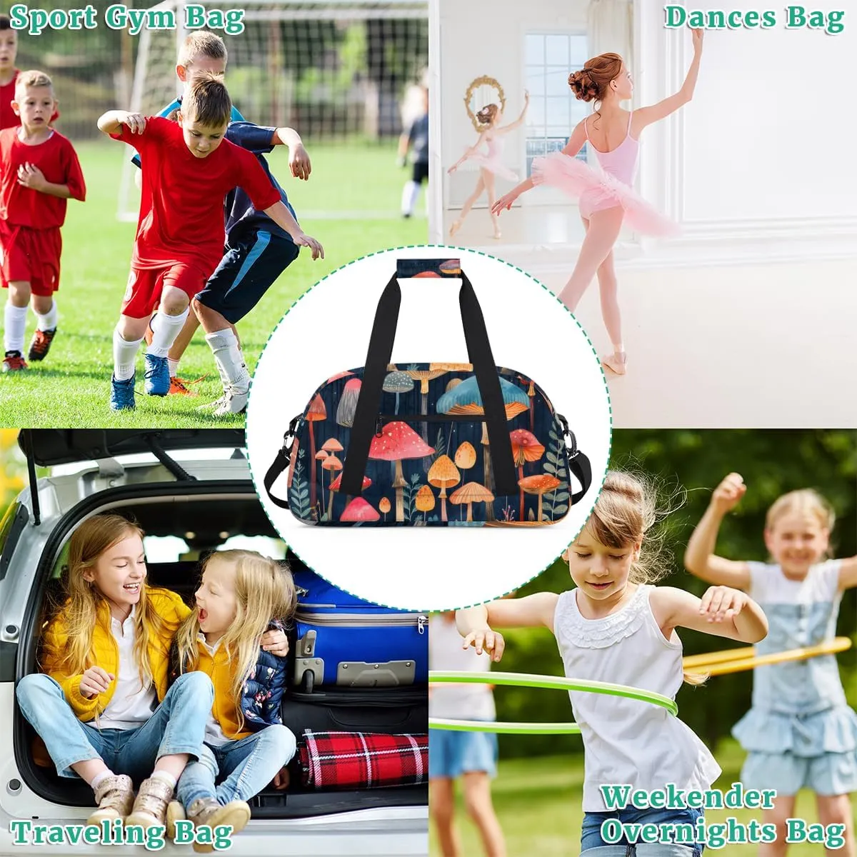Beautiful Mushroom Print Boys Girls Gym Bag Dance Perform Training Duffel Bags Weekender Carry-On Tote Luggage Bag Ideal for School Practice or Overnight Trips Mushroom Print