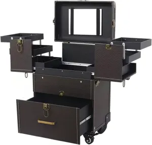 Beauty Makeup Train Case Travel Trolley Cosmetic Bag Rolling Organizer Vanity Box , Rolling Makeup Case Travel Train Case With Wheels Cosmetic Trolley, Black Cosmetic Case With Mirror cosmetic case (