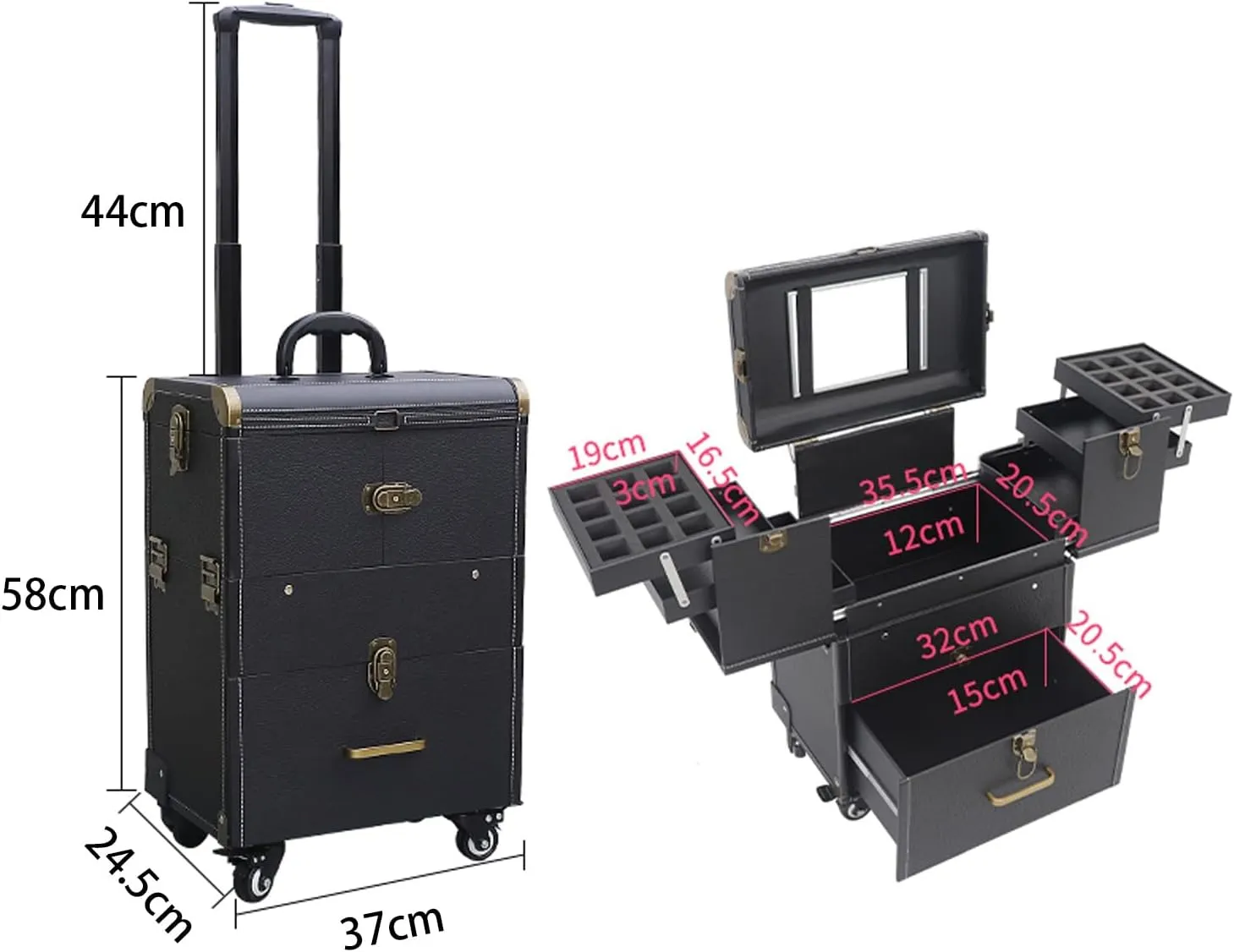 Beauty Makeup Train Case Travel Trolley Cosmetic Bag Rolling Organizer Vanity Box , Rolling Makeup Case Travel Train Case With Wheels Cosmetic Trolley, Black Cosmetic Case With Mirror cosmetic case (