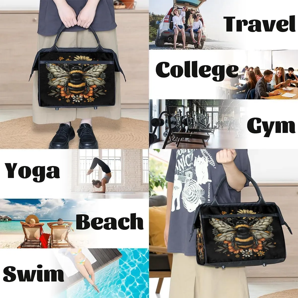 Bee Flowers Daisy Sunflower Travel Duffle Bag, Waterproof Duffel Bag Weekender Overnight Carry On Bag Lightweight Sport Gym Bag for Men Women