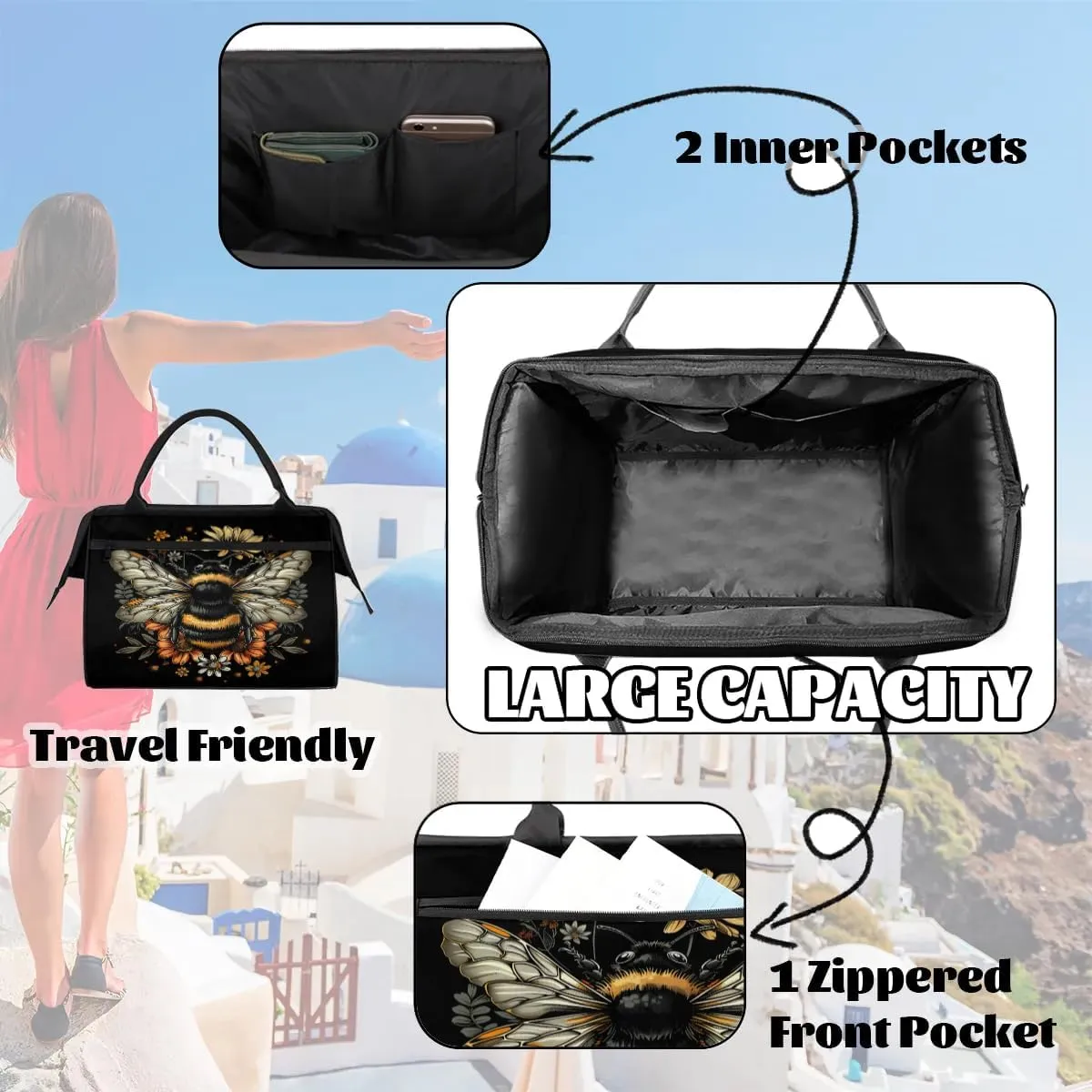Bee Flowers Daisy Sunflower Travel Duffle Bag, Waterproof Duffel Bag Weekender Overnight Carry On Bag Lightweight Sport Gym Bag for Men Women