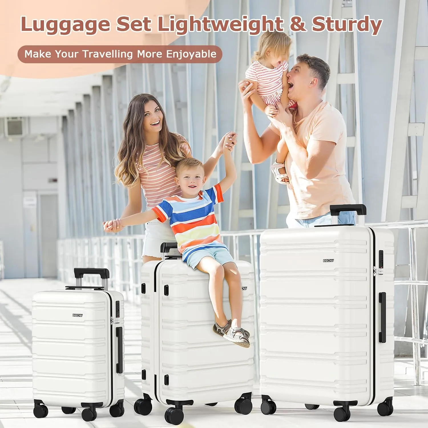 BEOW 3 Piece Luggage Sets With Spinner Wheels TSA Lock Expandable Durable Polycarbonate Hardside Lightweight Suitcase For Men Women Zipper Travel Luggage Set 3 Pcs 20/24/28Inch Beige