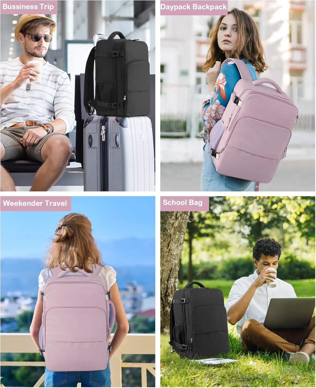 Beraliy Travel Backpack, Carry On Backpack For Airlines, Personal Item Bag for Women Men,Hiking Backpack, Laptop backpack, Business Work Gym Weekender Daypack Bag, Light purple