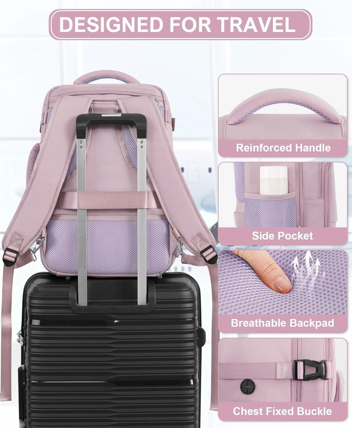 Beraliy Travel Backpack, Carry On Backpack For Airlines, Personal Item Bag for Women Men,Hiking Backpack, Laptop backpack, Business Work Gym Weekender Daypack Bag, Light purple