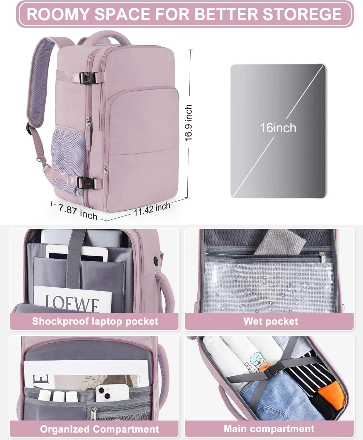 Beraliy Travel Backpack, Carry On Backpack For Airlines, Personal Item Bag for Women Men,Hiking Backpack, Laptop backpack, Business Work Gym Weekender Daypack Bag, Light purple