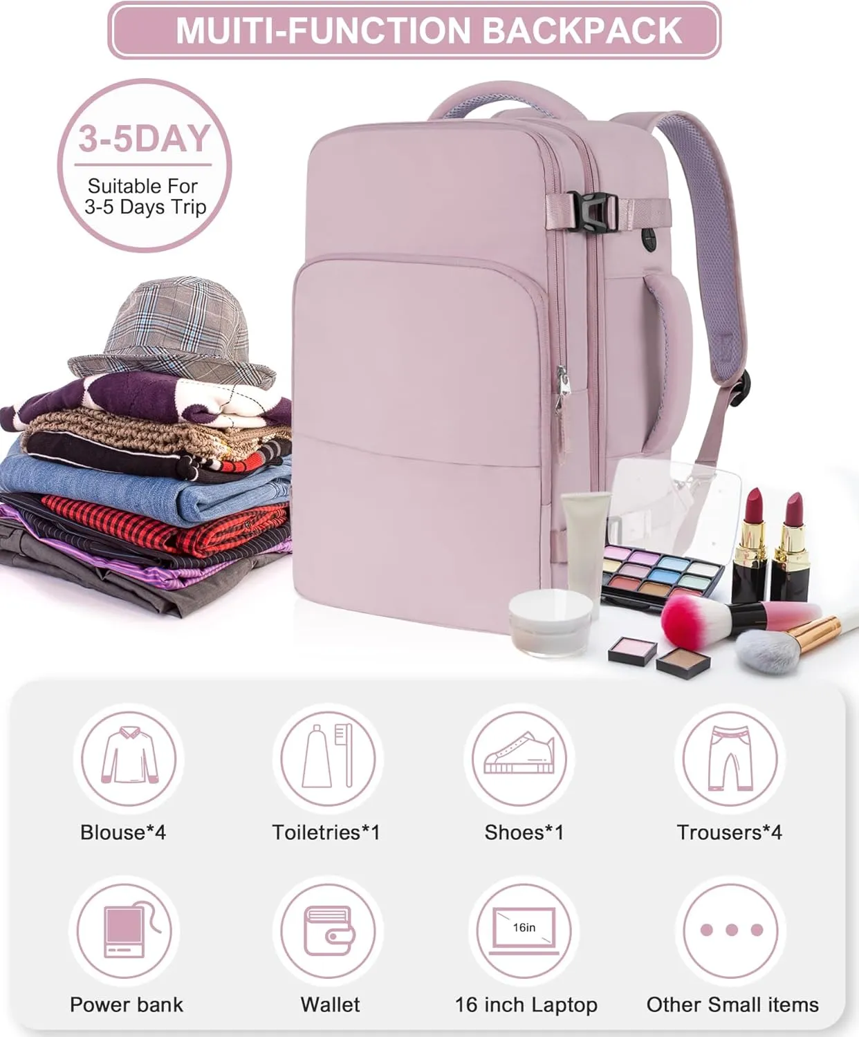 Beraliy Travel Backpack, Carry On Backpack For Airlines, Personal Item Bag for Women Men,Hiking Backpack, Laptop backpack, Business Work Gym Weekender Daypack Bag, Light purple