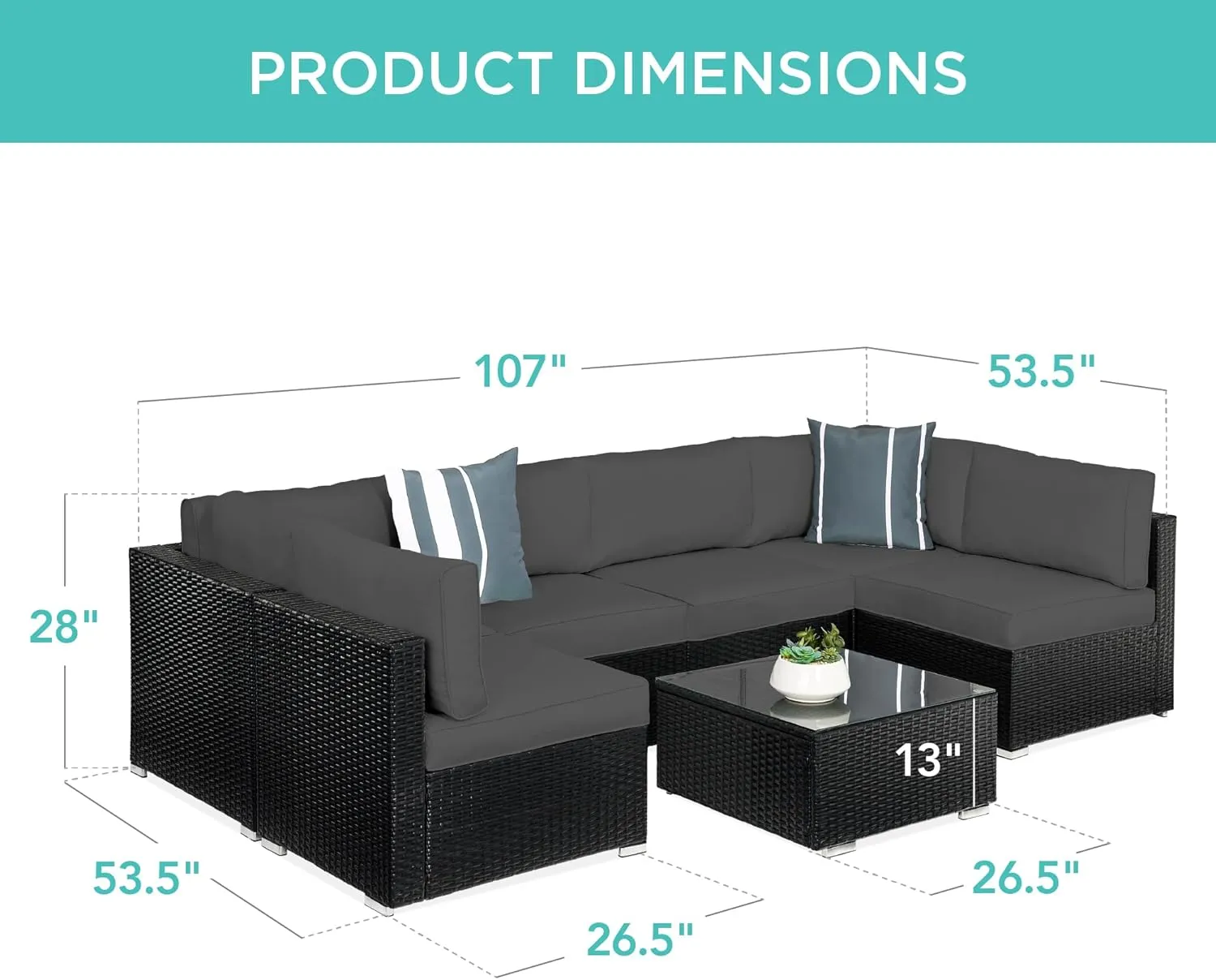 Best Choice Products 7-Piece Modular Outdoor Sectional Wicker Patio Conversation Set w/ 2 Pillows, Coffee Table, Cover Included - Black/Gray
