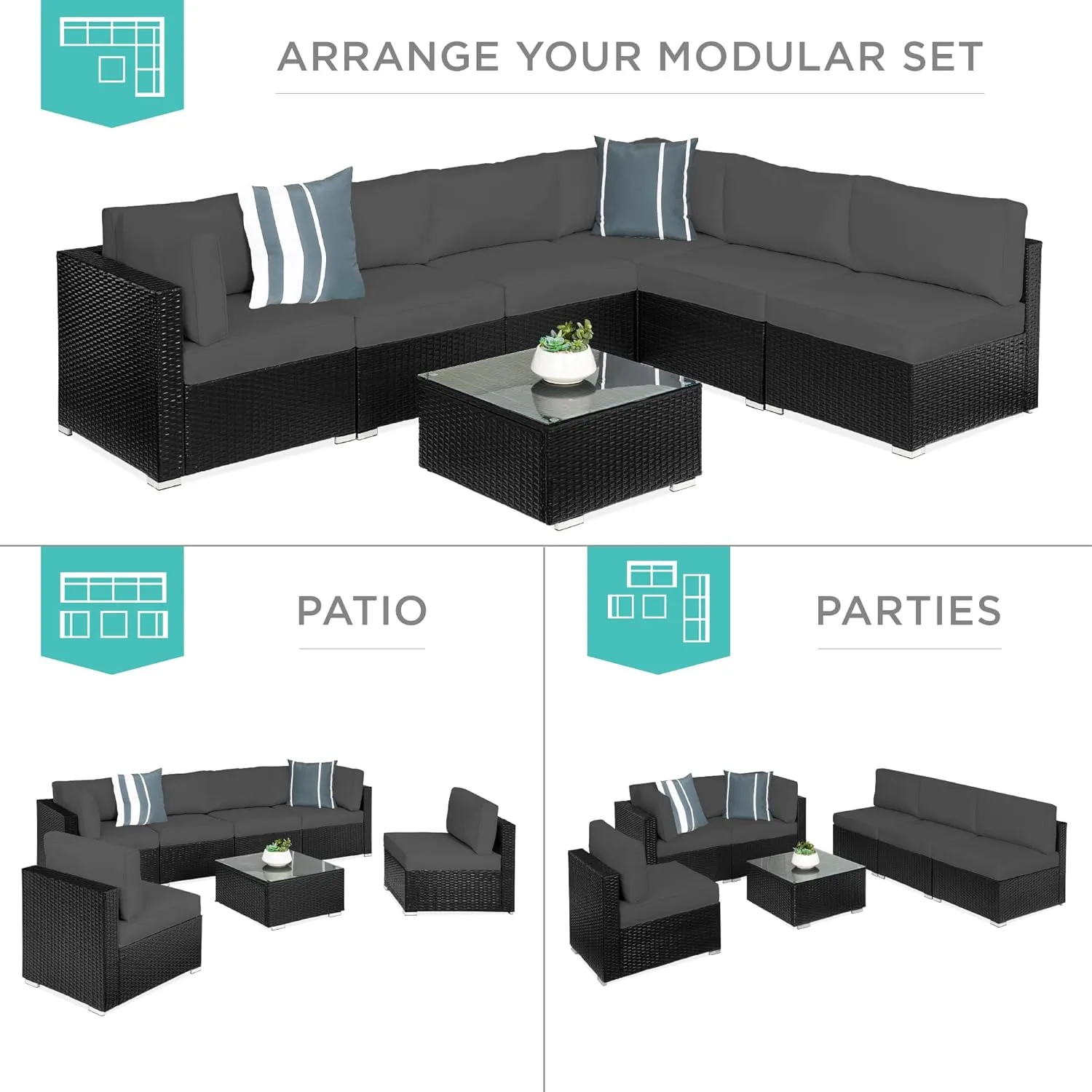 Best Choice Products 7-Piece Modular Outdoor Sectional Wicker Patio Conversation Set w/ 2 Pillows, Coffee Table, Cover Included - Black/Gray