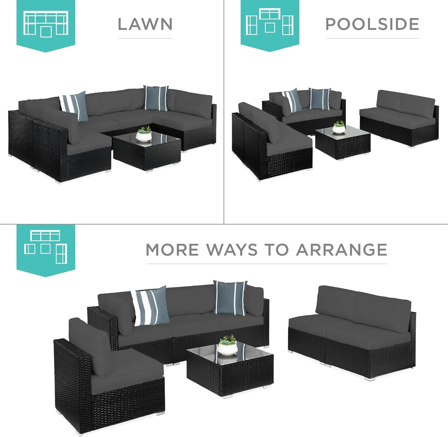 Best Choice Products 7-Piece Modular Outdoor Sectional Wicker Patio Conversation Set w/ 2 Pillows, Coffee Table, Cover Included - Black/Gray