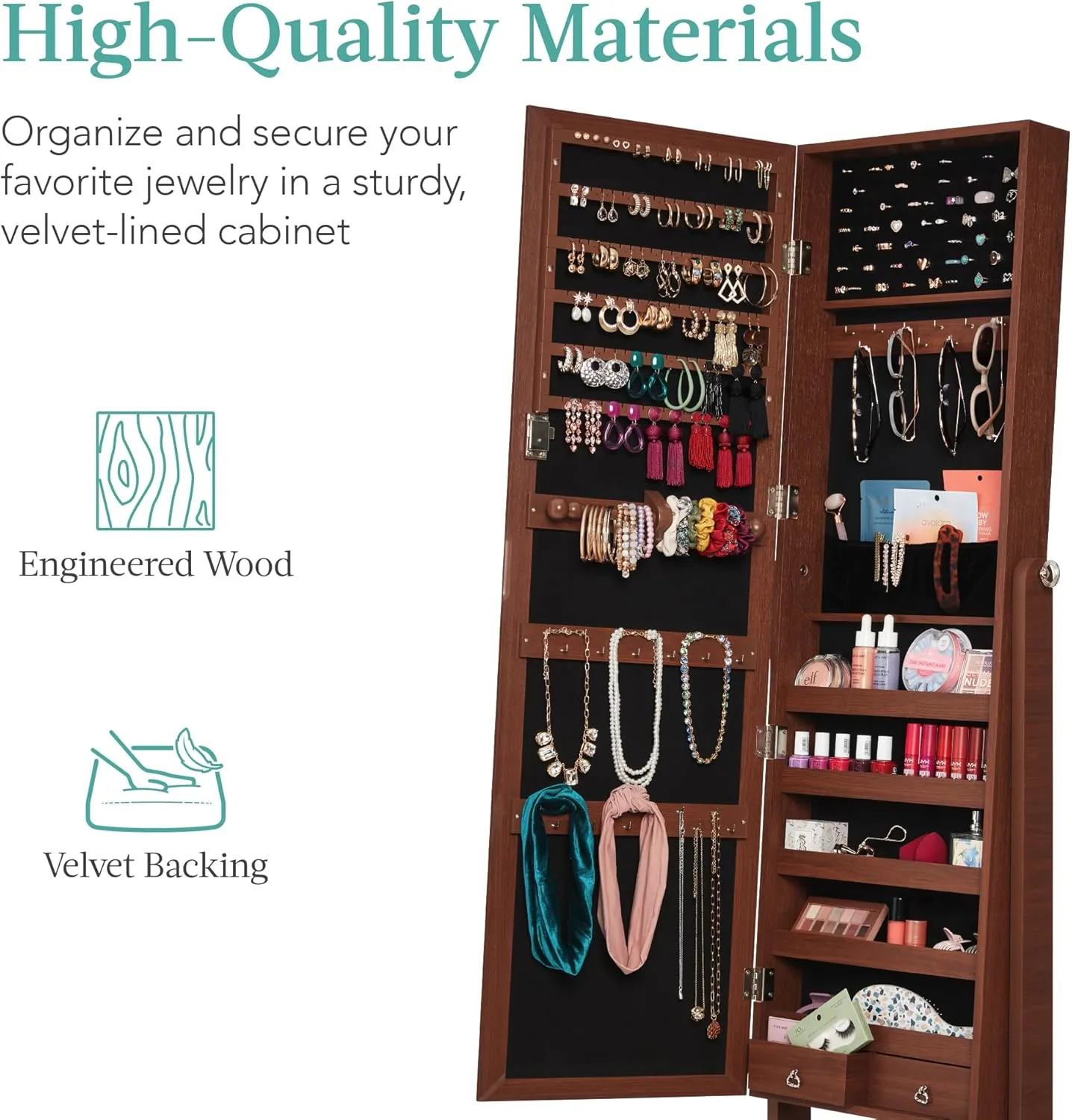 Best Choice Products Freestanding Jewelry Armoire Cabinet, Full Length Standing Mirror, Lockable Makeup Storage Organizer, w/Velvet Lining, 3 Angles, Lock, Accessory Pouch, 5 Shelves - Walnut