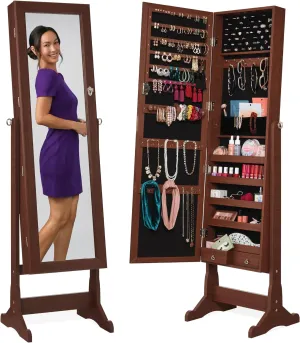 Best Choice Products Freestanding Jewelry Armoire Cabinet, Full Length Standing Mirror, Lockable Makeup Storage Organizer, w/Velvet Lining, 3 Angles, Lock, Accessory Pouch, 5 Shelves - Walnut