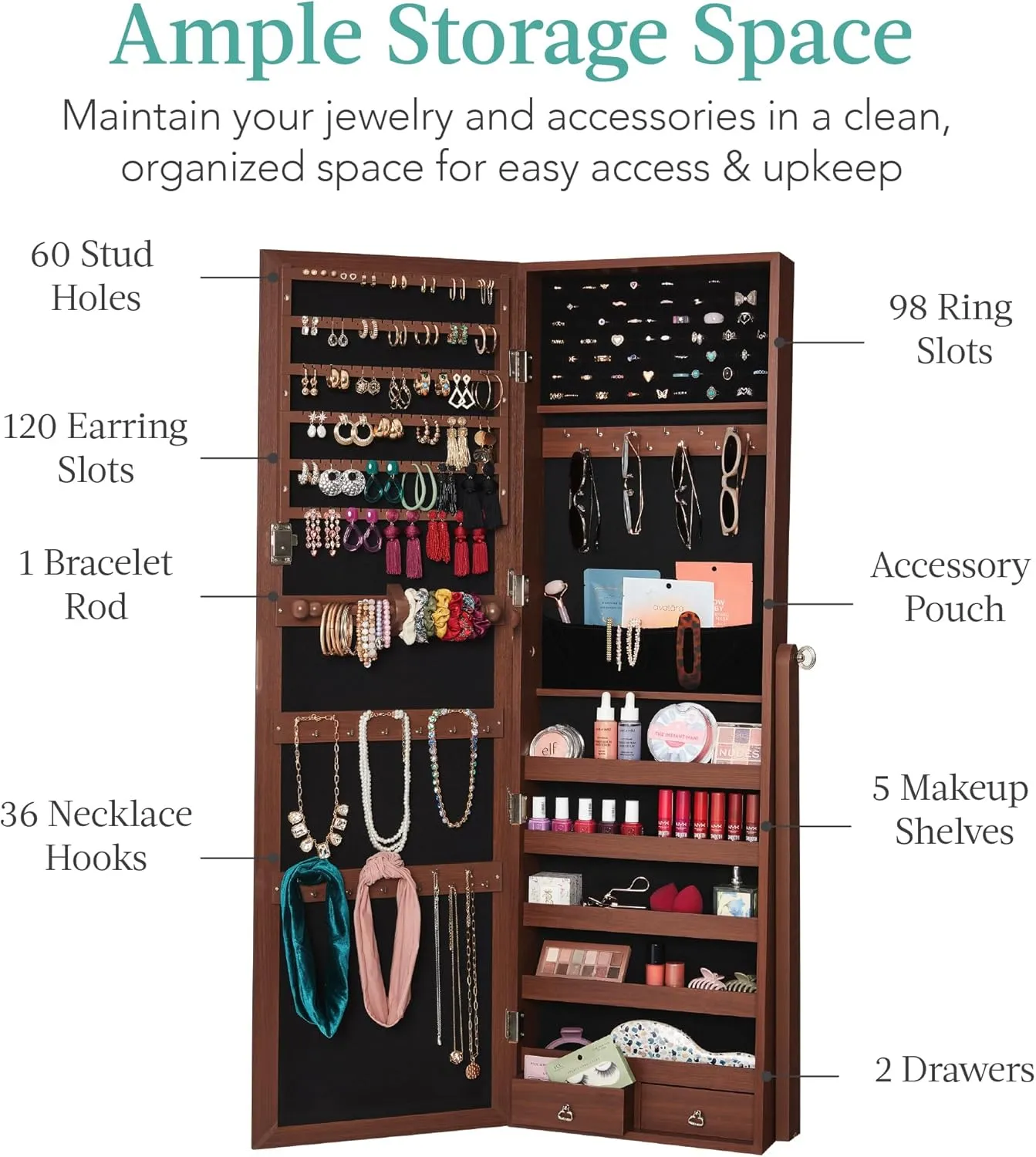 Best Choice Products Freestanding Jewelry Armoire Cabinet, Full Length Standing Mirror, Lockable Makeup Storage Organizer, w/Velvet Lining, 3 Angles, Lock, Accessory Pouch, 5 Shelves - Walnut
