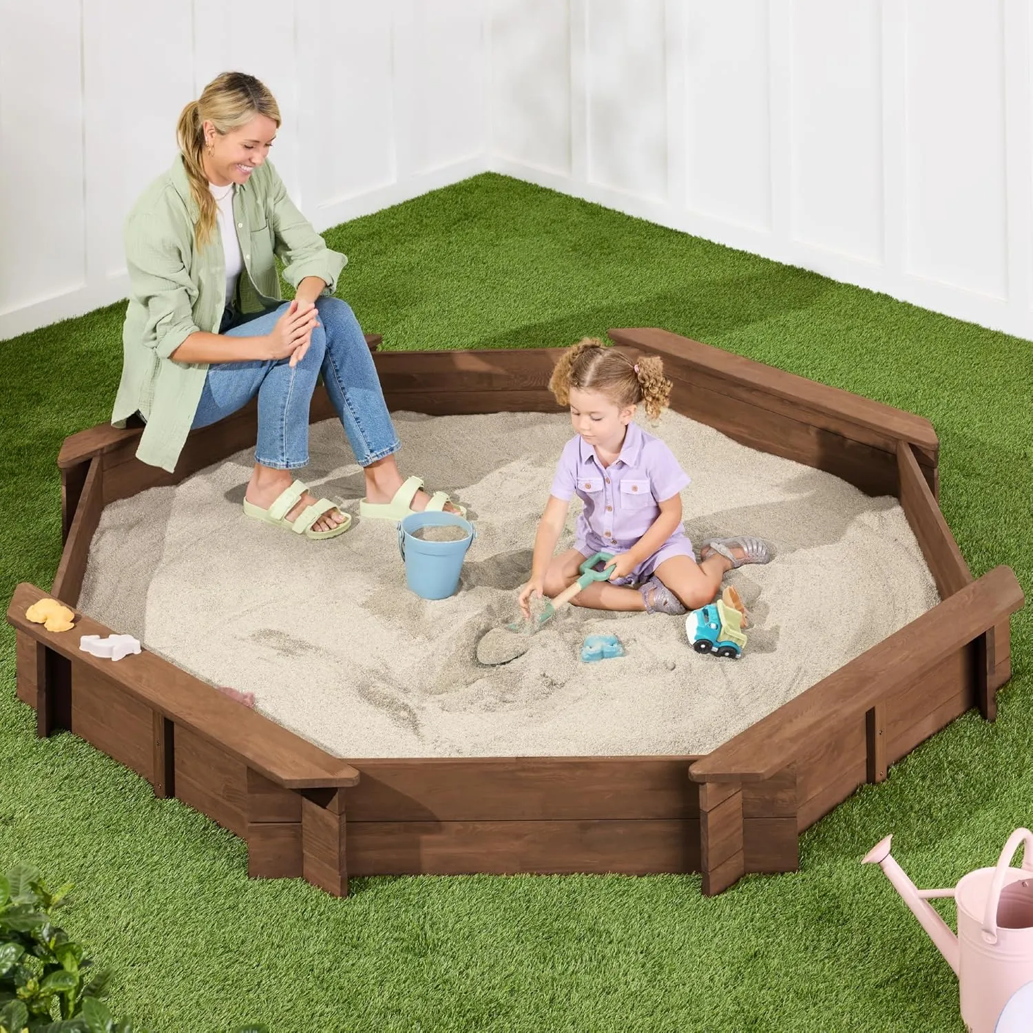 Best Choice Products Kid's Large Octagonal Wooden Outdoor Sandbox with Cover w/ 4 Reinforced Benches, 8 Seats, XL Sandpit, Bottom Liner - Walnut