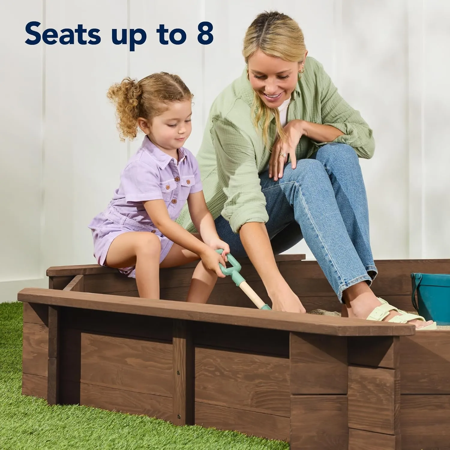 Best Choice Products Kid's Large Octagonal Wooden Outdoor Sandbox with Cover w/ 4 Reinforced Benches, 8 Seats, XL Sandpit, Bottom Liner - Walnut