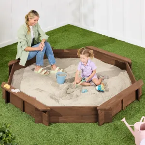 Best Choice Products Kid's Large Octagonal Wooden Outdoor Sandbox with Cover w/ 4 Reinforced Benches, 8 Seats, XL Sandpit, Bottom Liner - Walnut
