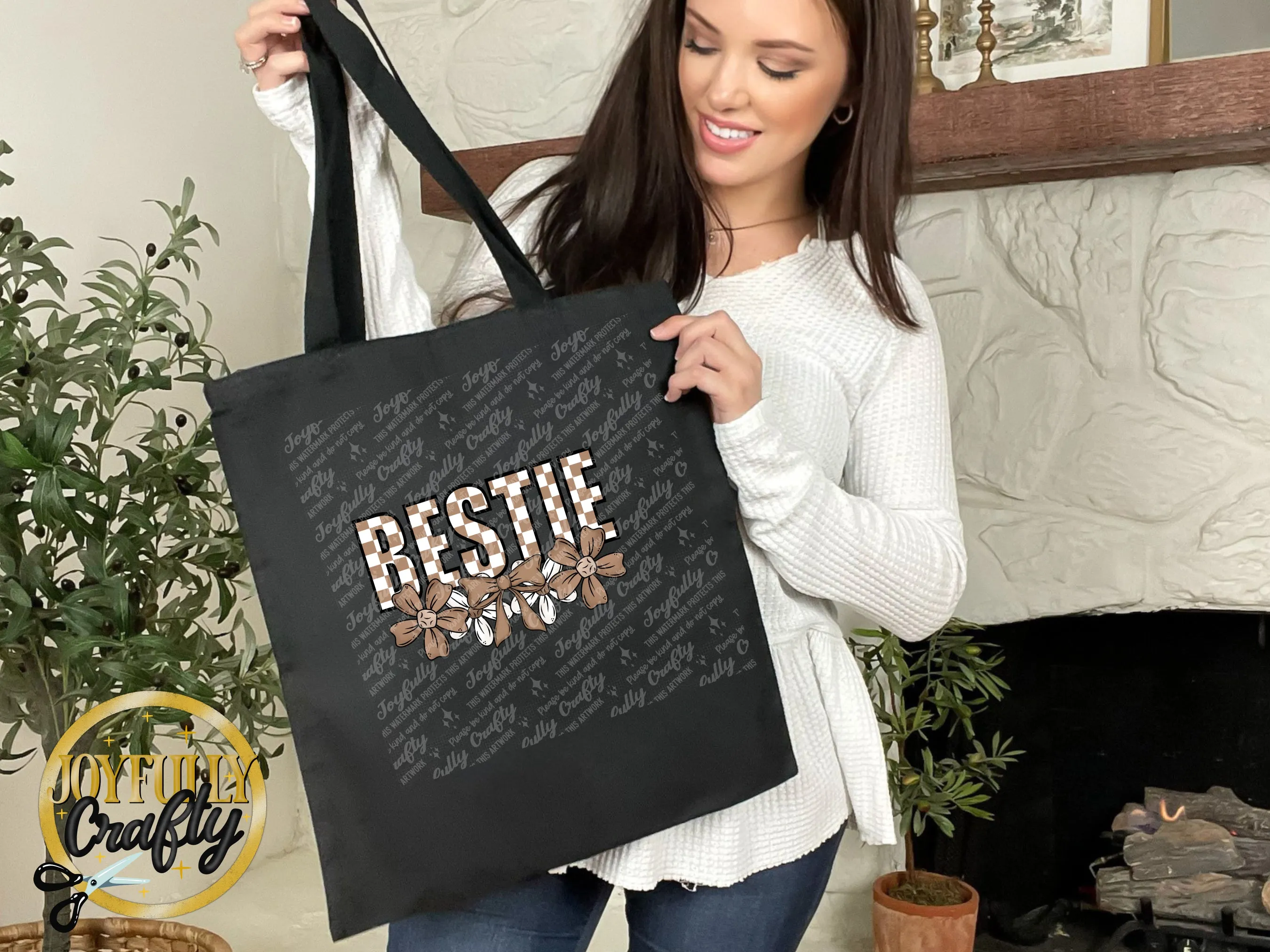 Bestie Neutral Checkered Floral Tote Bag