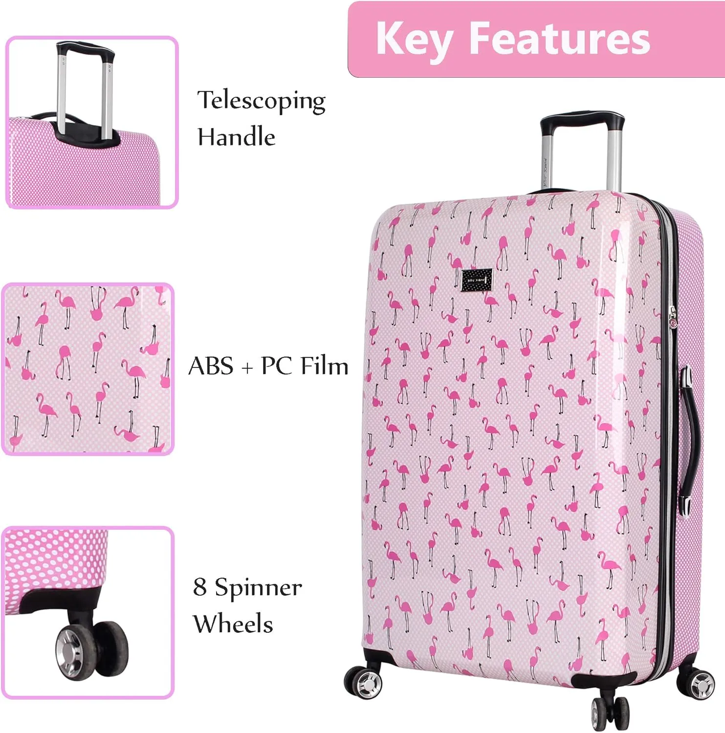 Betsey Johnson 30 Inch Checked Luggage Collection - Expandable Scratch Resistant (ABS   PC) Hardside Suitcase - Designer Lightweight Bag with 8-Rolling Spinner Wheels
