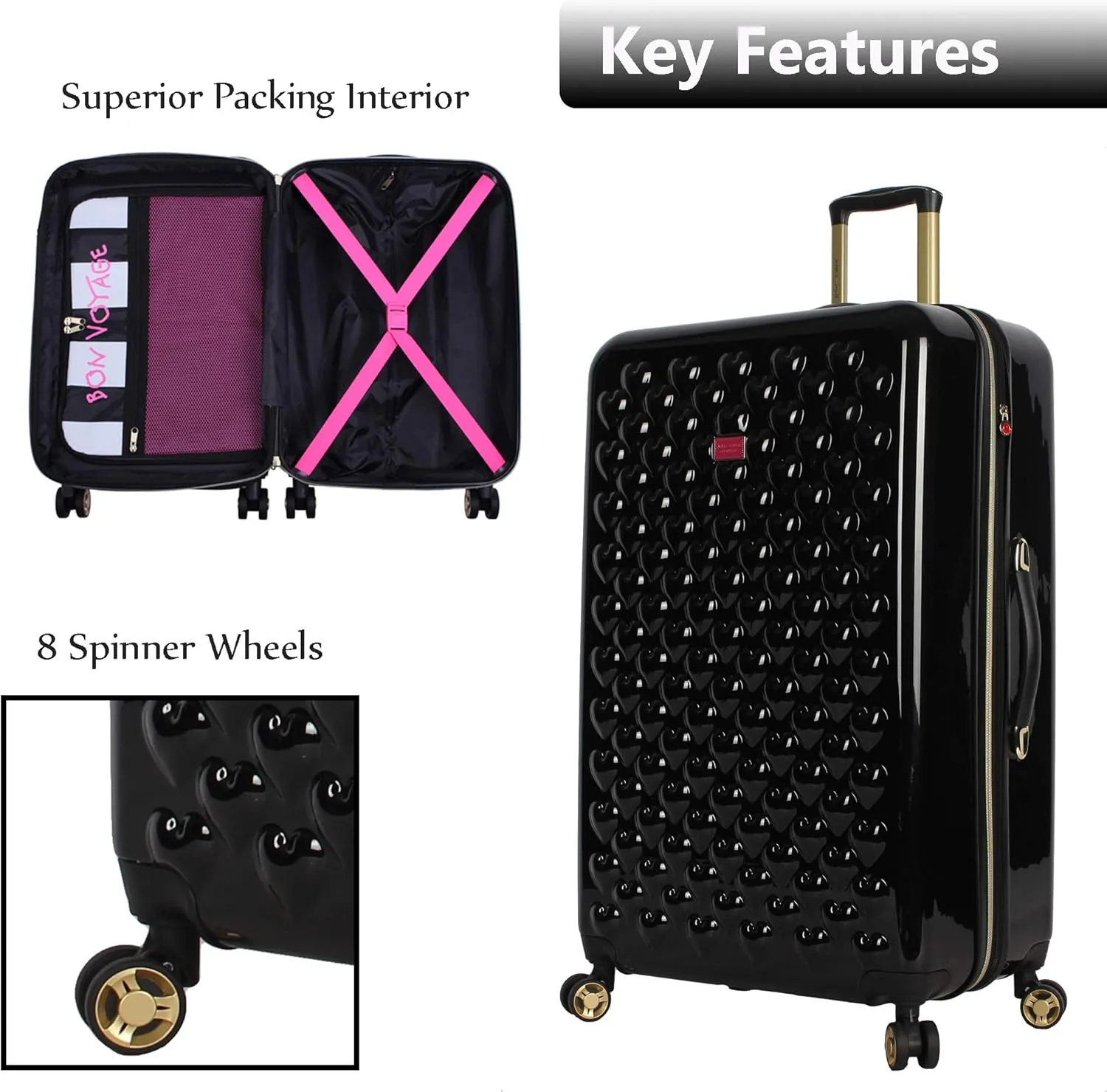 Betsey Johnson 30 Inch Checked Luggage Collection - Expandable Scratch Resistant (ABS   PC) Hardside Suitcase - Designer Lightweight Bag with 8-Rolling Spinner Wheels