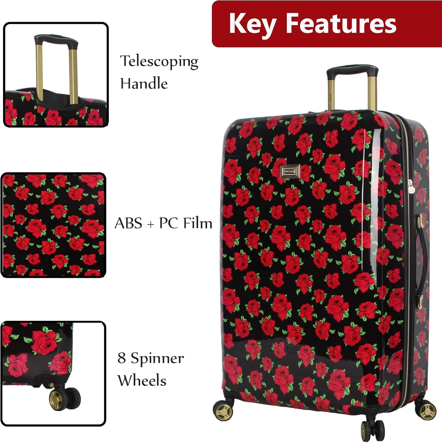 Betsey Johnson Designer Luggage Collection - Expandable 3 Piece Hardside Lightweight Spinner Suitcase Set - Travel Set includes 20-Inch Carry On, 26 inch and 30-Inch Checked Suitcase (Covered Roses)