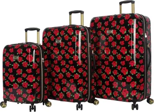 Betsey Johnson Designer Luggage Collection - Expandable 3 Piece Hardside Lightweight Spinner Suitcase Set - Travel Set includes 20-Inch Carry On, 26 inch and 30-Inch Checked Suitcase (Covered Roses)