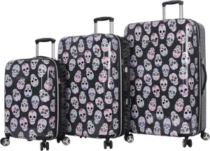 Betsey Johnson Designer Luggage Collection - Expandable 3 Piece Hardside Lightweight Spinner Suitcase Set - Travel Set includes 20-Inch Carry On, 26 inch and 30-Inch Checked Suitcase (Skull Party)