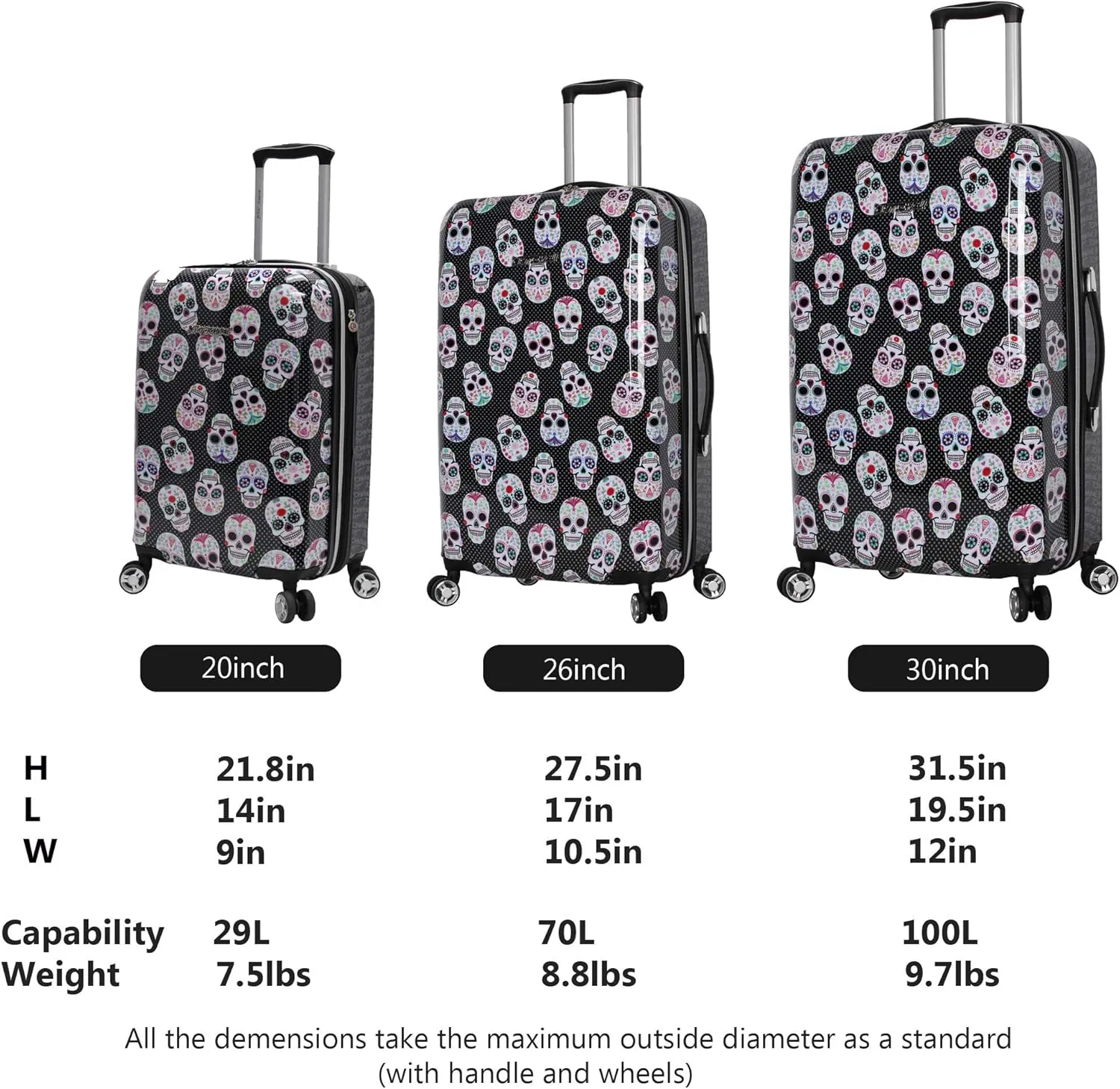 Betsey Johnson Designer Luggage Collection - Expandable 3 Piece Hardside Lightweight Spinner Suitcase Set - Travel Set includes 20-Inch Carry On, 26 inch and 30-Inch Checked Suitcase (Skull Party)