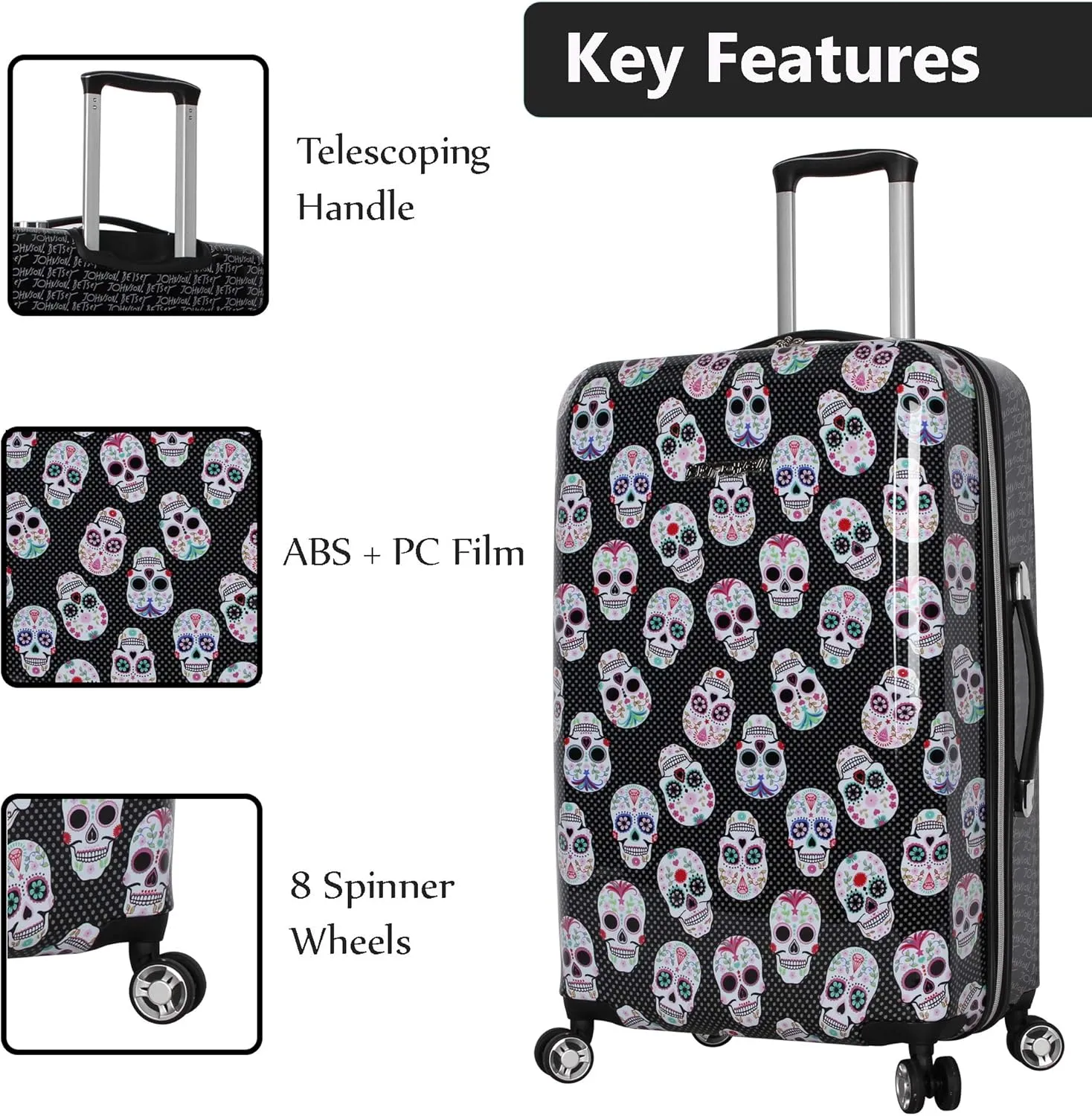 Betsey Johnson Designer Luggage Collection - Expandable 3 Piece Hardside Lightweight Spinner Suitcase Set - Travel Set includes 20-Inch Carry On, 26 inch and 30-Inch Checked Suitcase (Skull Party)