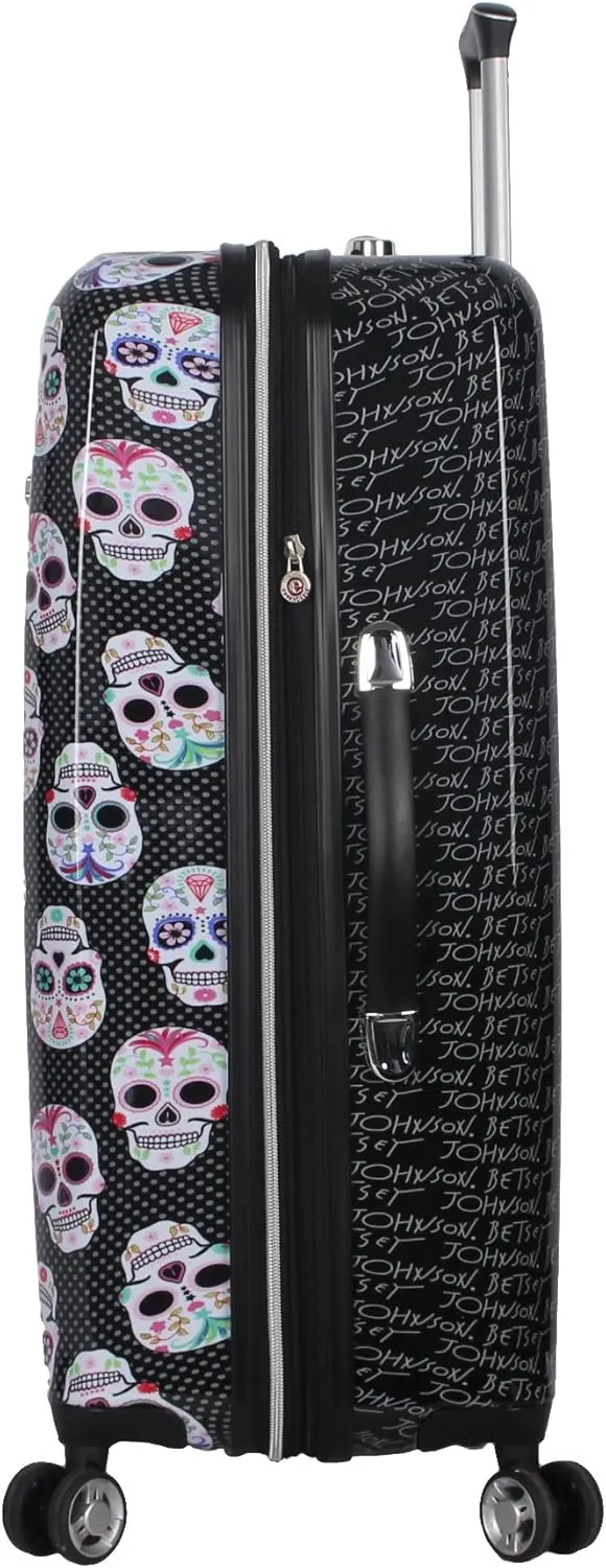 Betsey Johnson Designer Luggage Collection - Expandable 3 Piece Hardside Lightweight Spinner Suitcase Set - Travel Set includes 20-Inch Carry On, 26 inch and 30-Inch Checked Suitcase (Skull Party)